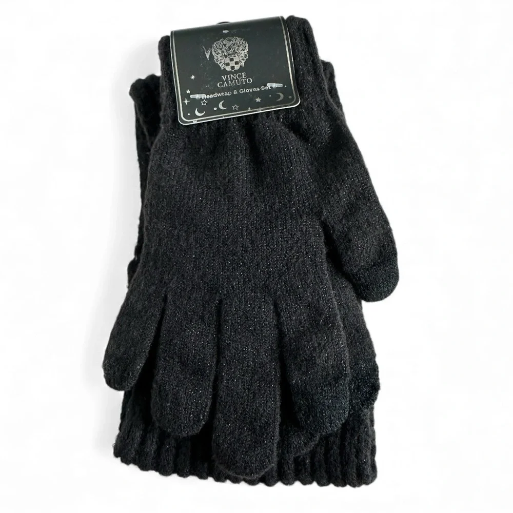 VINCE CAMUTO 2 Piece Metallic Accent Knit Headband & Tech Touch Gloves Set NWT